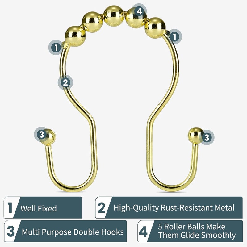 OEH Shower Curtain Hooks, Shower Curtain Rings, Gold Shower Curtain Hooks Rust Proof, Smooth Gliding Metal Shower Curtain Rings Rust Proof, Double Shower Hooks for Shower Curtain, 12 Pcs, Gold - Image 3